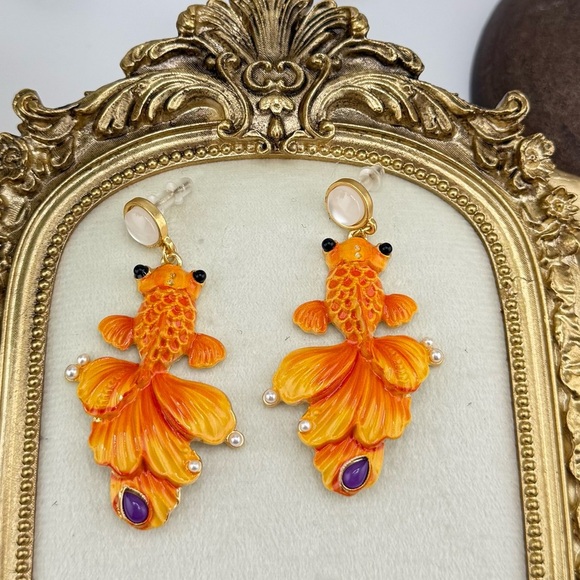 Statement Goldfish Earrings – Hand-Painted Enamel & Pearl Detail - Picture 3 of 10